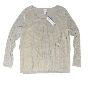 Chicos Size 2 Metallic Knit‎ Top Stardust Gold Tiered Long Sleeve
